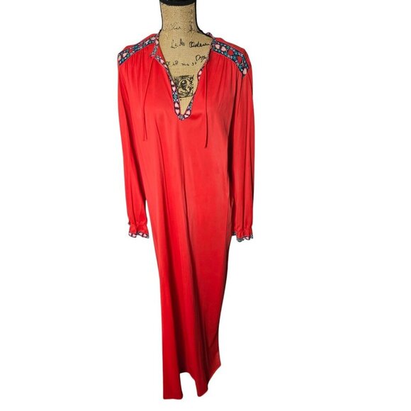 Vintage 70s Red Flowy Kaftan Maxi Dress Bohemian - Picture 2 of 16